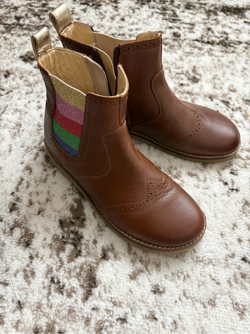 Mini Boden Brown Kids Chelsea Boots with Rainbow Glitter Panel